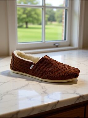 Toms Brown Textured Slip-On Loafer with Cream Sherpa Lining
